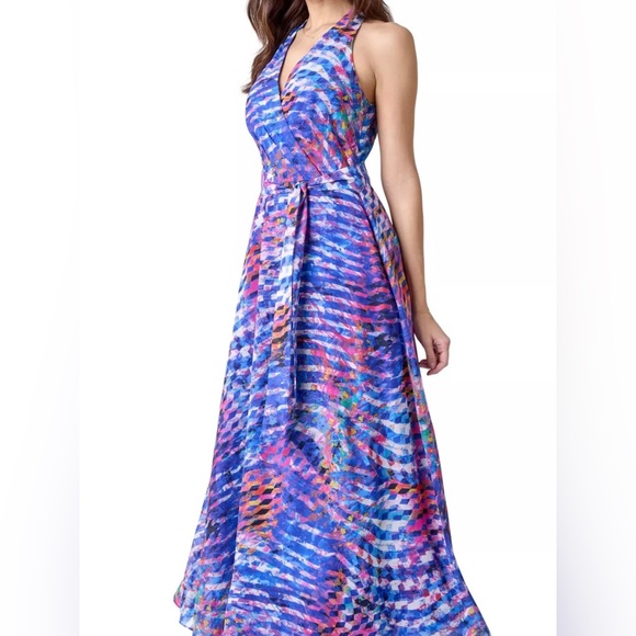 BE BY CHETTA‎ B Size 10 Colorful Abstract Halterneck Maxi Dress Flowy Spring Art - Picture 1 of 12